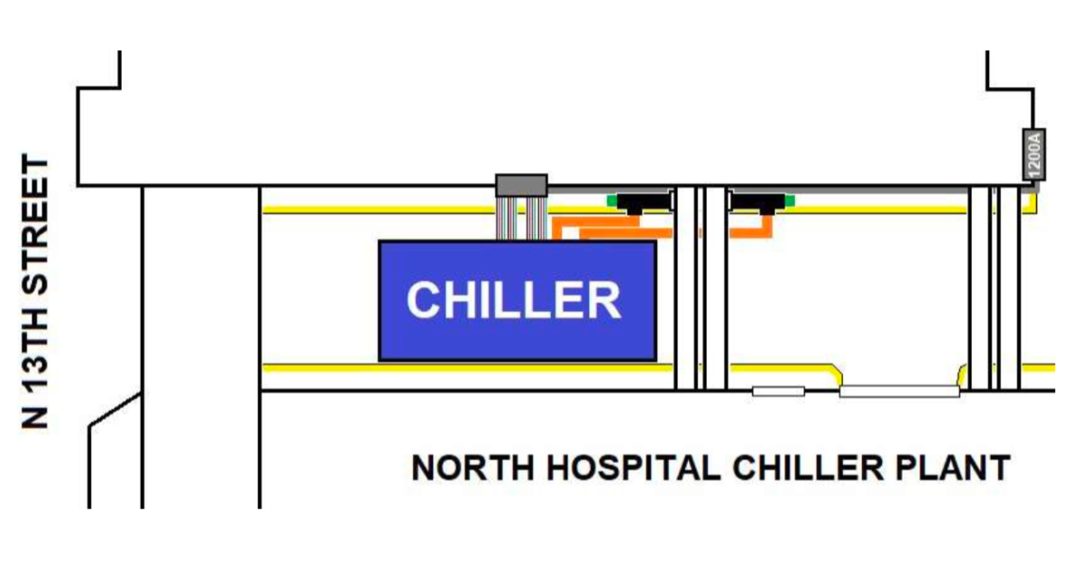 An illustration noting the temporary location of the chiller equipment at N 13th Street.